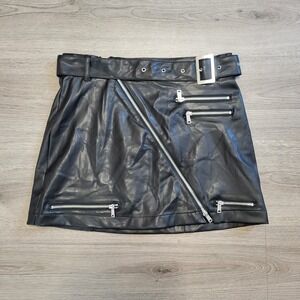 Ashley Classics Black Faux Leather Moto Mini Skirt‎ Zipper Belted Women's Medium